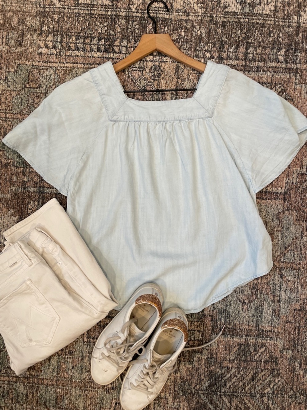 Universal Thread S Light Blue Square Neck Blouse Chambray